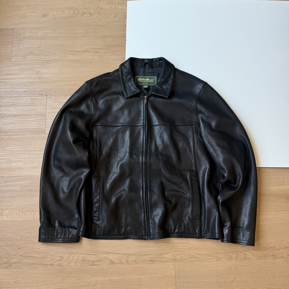 Eddie Bauer Mens Black Genuine Leather Bomber Jacket Full Zip Coat XL Vintage